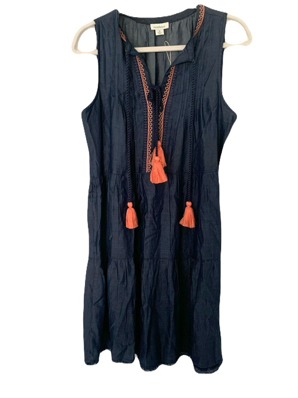 NWT Sundance Medium Chambray Embroidered Tassel Fray Trim Seraphina Mini Dress
